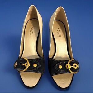 Talbots Ella women's Navy Leather Peep Toe Buckle Heels Pumps, Size 7